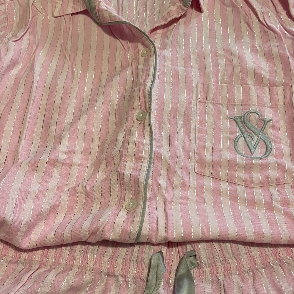 Victoria's Secret long sleeved pajama, pink striped with gold metallic threads.
